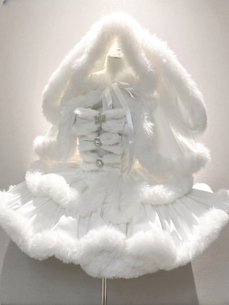 White Sweet Winter Lolita Hooded Cape with Oversized Plush Bunny Ears