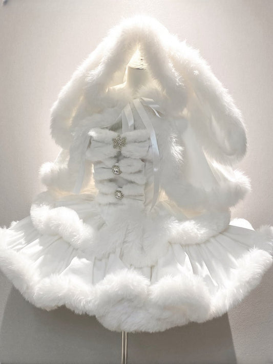 White Sweet Winter Lolita Hooded Cape with Oversized Plush Bunny Ears