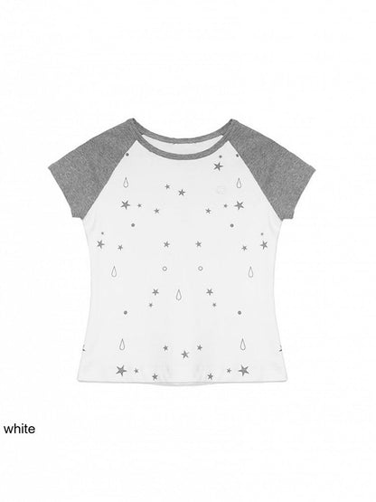 2-Color Colorblock Short Sleeve T-Shirt with Star and Teardrop Print - innomoood