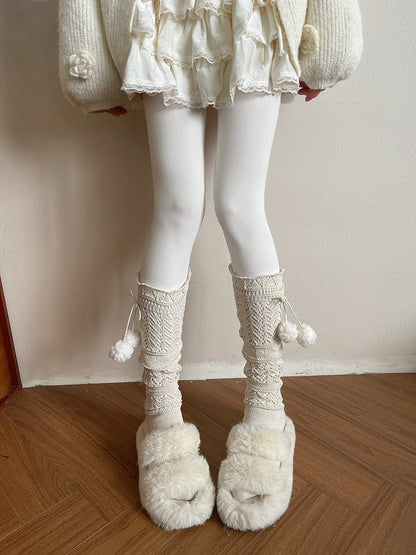 Decoration Creamy Sockswith Knitted Cutout Calf Design Pom-pom White/Brown/Black