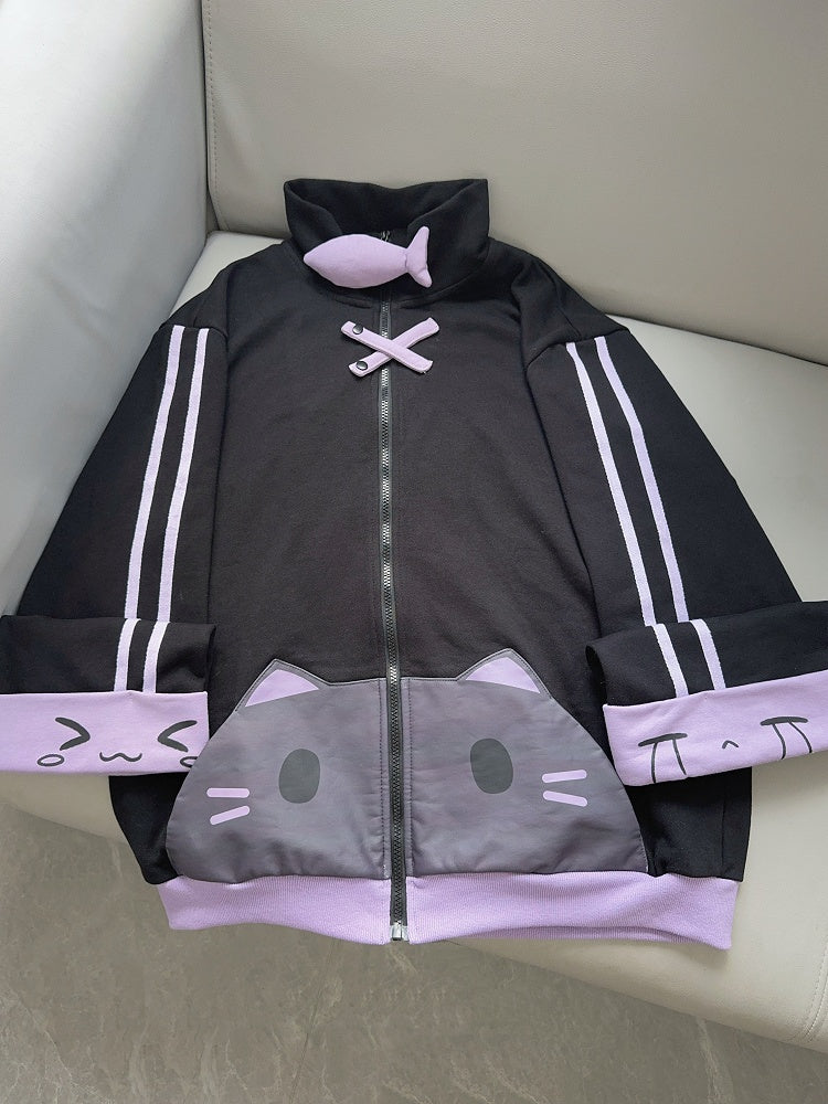 Jacket - Purple Black Decor Cotton Fish