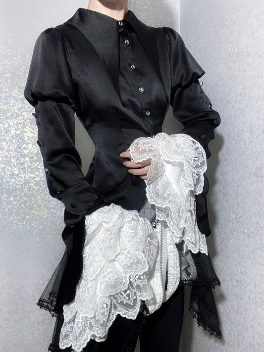 Tail Long Shirt Spitzkragen Gothic Foldover Ouji Ärmel Lolita Schwarz
