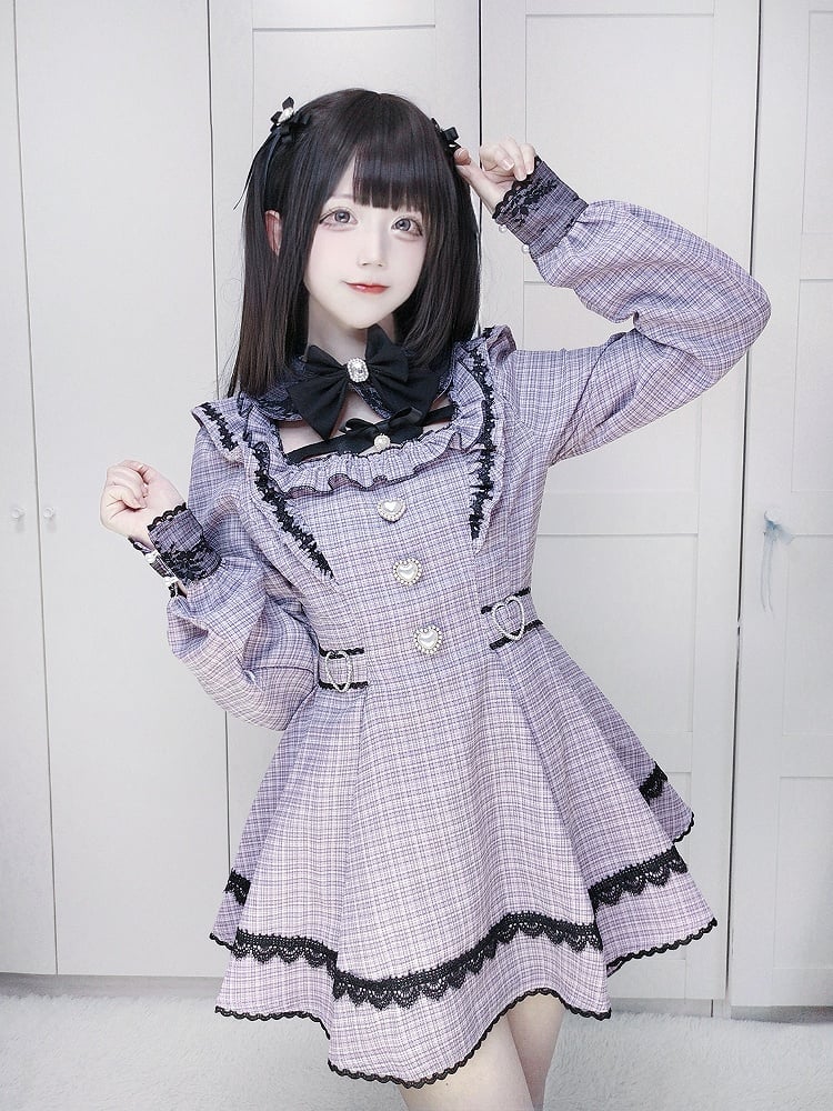 Style Lavender Set Dress Collar - Landmine Plaid Matching Puff Sleeve with Shorts Detachable Tweed