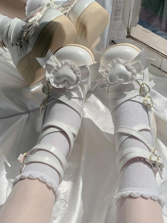 Detachable White Bow 6.5cm Heart Janes Wood Design Mary Sole with Platform Crisscross Grain -