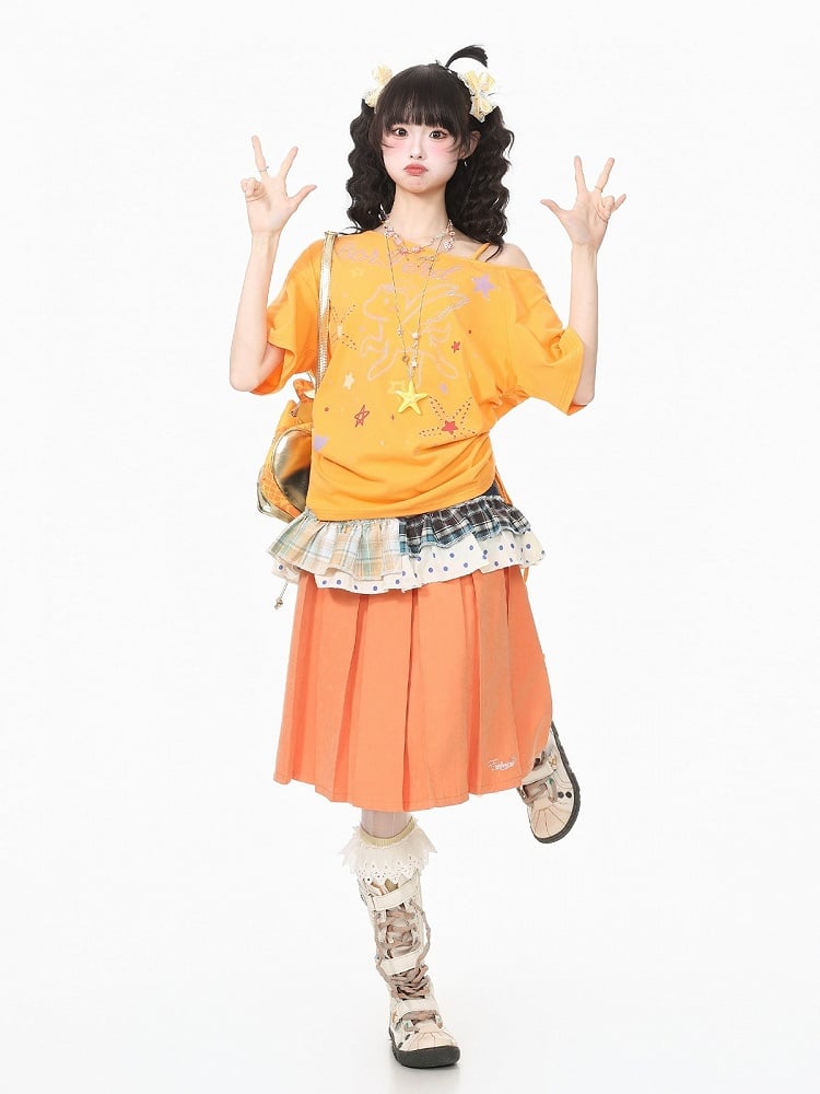 Orange Pegasus Print Asymmetric Shoulder T-Shirt with Rhinestone Details - Languid Park