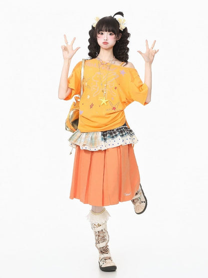 Orange Pegasus Print Asymmetric Shoulder T-Shirt with Rhinestone Details - Languid Park