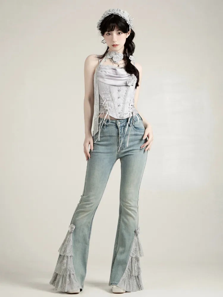 Gray Layered Lace Patch Cuffs Blue Fishtail Jeans