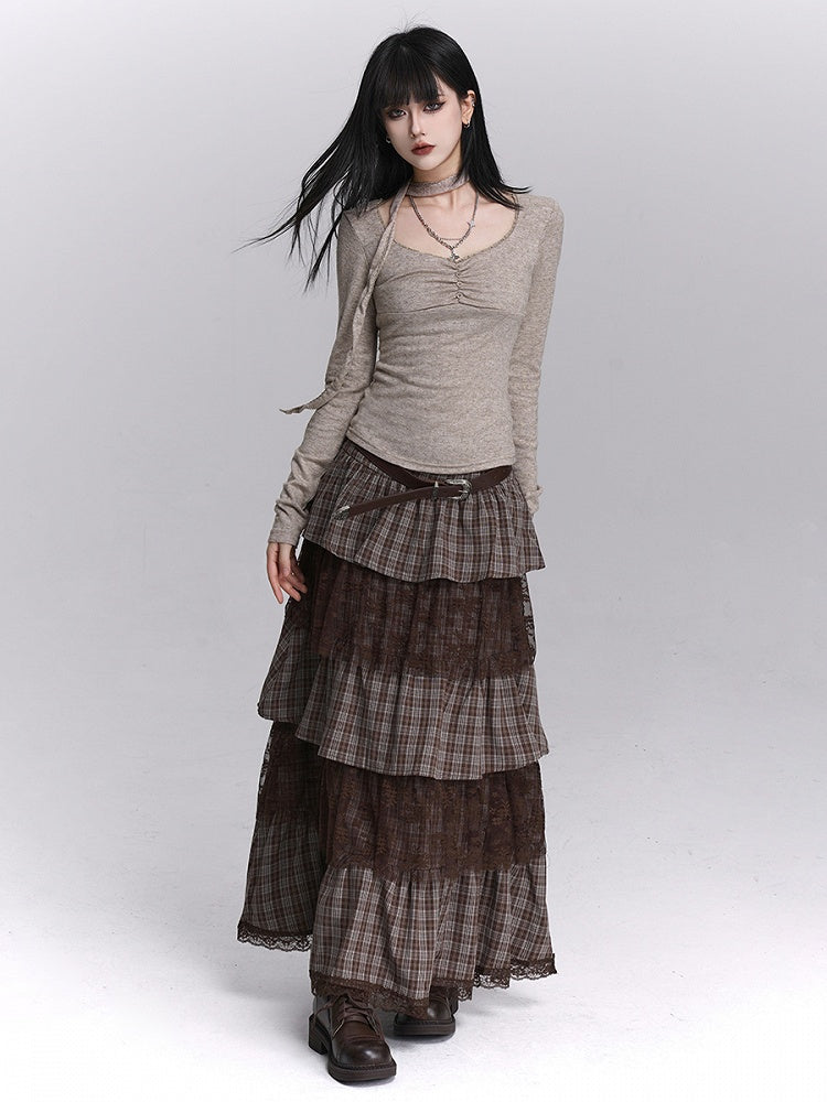 Haferflocken-Top mit U-Ausschnitt, Knopfrüschen und passendem Nackenband, Grau