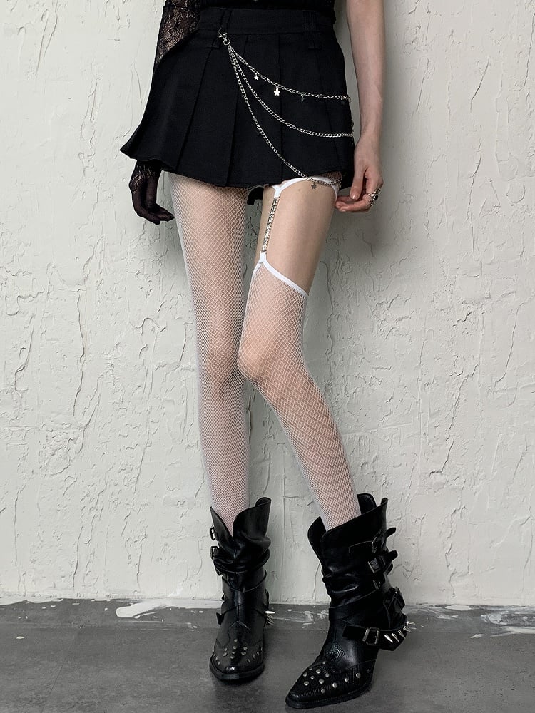 Cut-out Suspender Leg Tights White/Black Chain Design Fishnet With Y2K