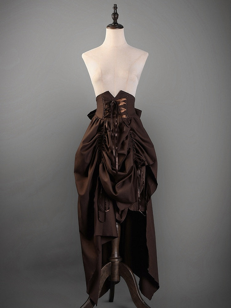 ブラウンコルセットベルトハイウエストスチームパンクロリータドローストリングスカート