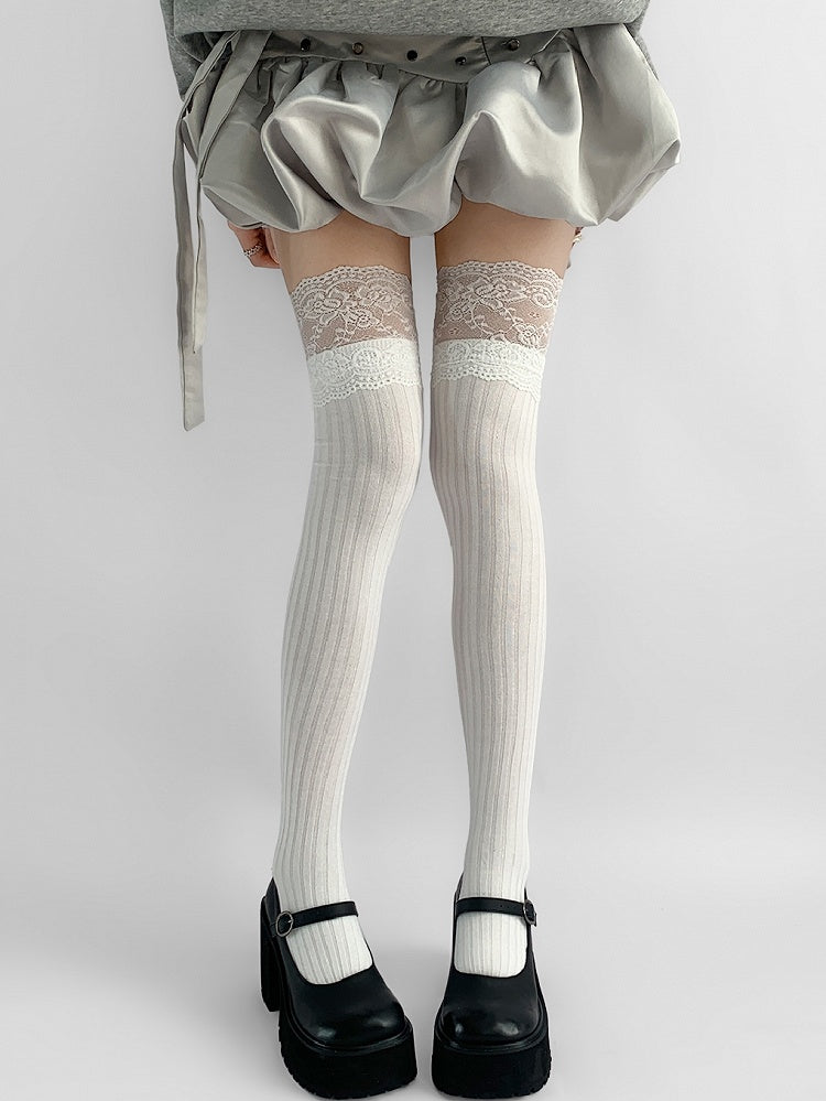 Spitzenstrümpfe mit Overknee-Besatz in Grau/Beige/Hellgrau/Weiß/Schwarz/Dunkel