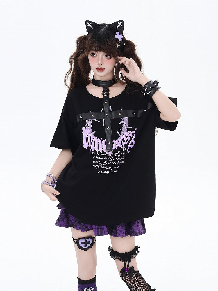 Black/Pink Glamorous Graphic T-Shirt with PU Straps Y2K Halter Neck