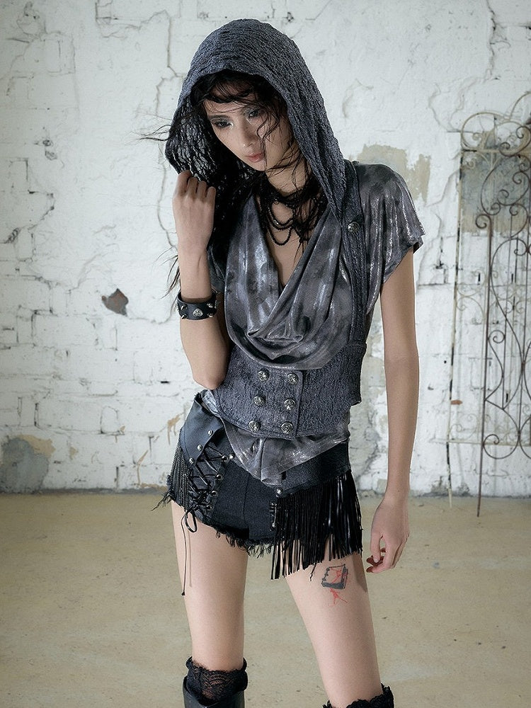Punk Black Denim Shorts with Leather Panels & Chains - NO ROMANCE