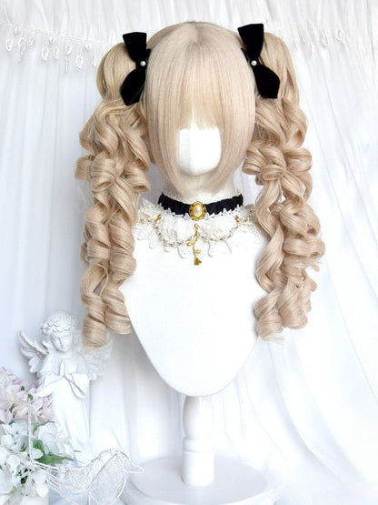Blonde glatte lockige Perücke mit doppeltem Pony, Clips, Pferdeschwanz, 43 cm, kurze Länge, 22 cm