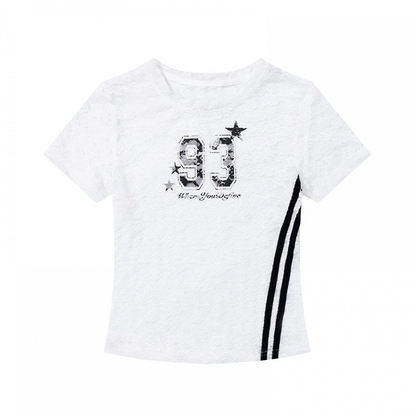 レースTシャツ ラウンドネック ナンバープリント セミシアー ブラック/ホワイト