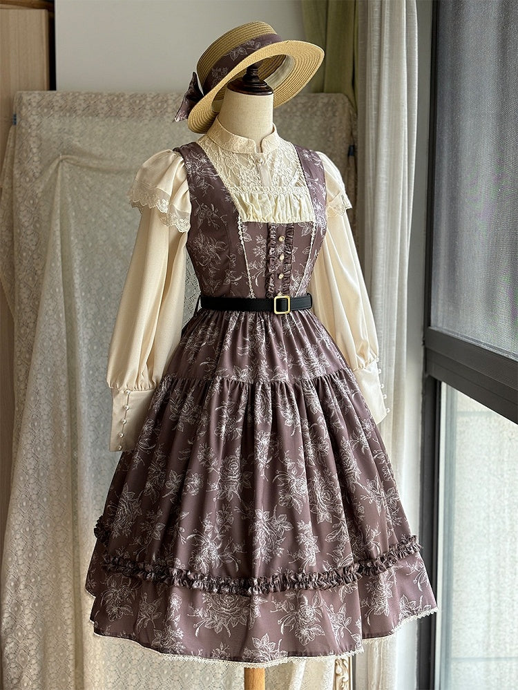 Brown & White Rosette Print Elegant Classic Lolita JSK Dress with Lace Trim