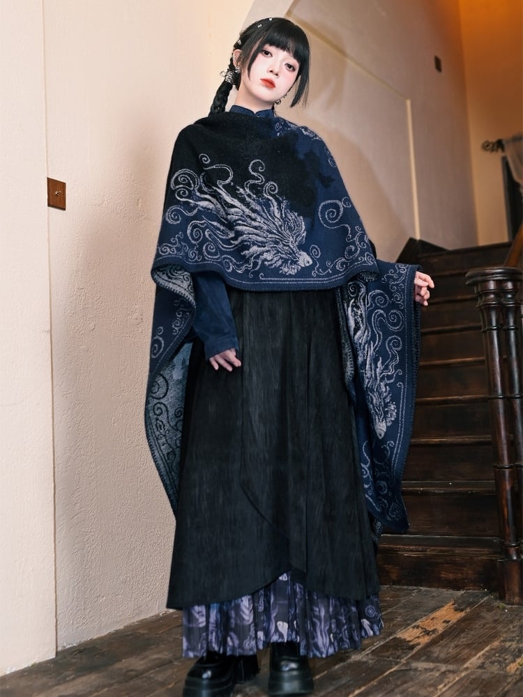 Navy Blue Koi Fish Print Gothic Shawl - Japanese Style Wrap | LilyVow