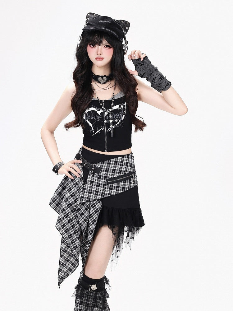 White Black Plaid Asymmetric Skirt with Buckle - CRAZY GIRL