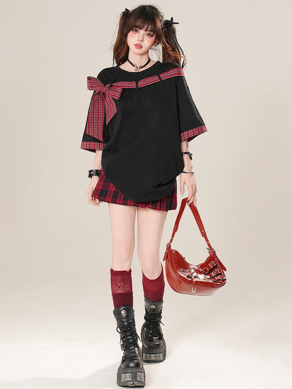 T-shirt Plaid Neckline Pattern Asymmetrical Bowknot Black/Gray