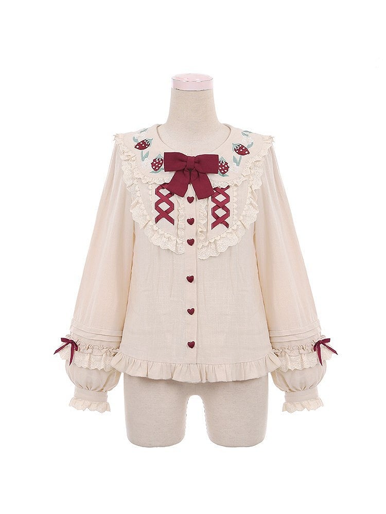 collar with Buttons Peter Sleeve Heart-shaped Country Blouse Pan Lolita and Apricot Ruffle Trim Long Cottagecre