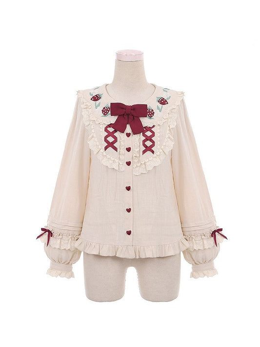collar with Buttons Peter Sleeve Heart-shaped Country Blouse Pan Lolita and Apricot Ruffle Trim Long Cottagecre