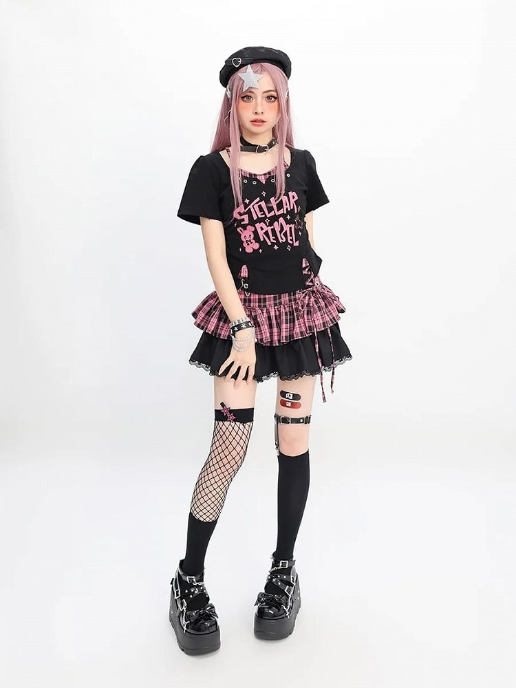 Y2K T-Shirt mit schwarzem Print, rosa/schwarz, zweiteilig, weißer Hase