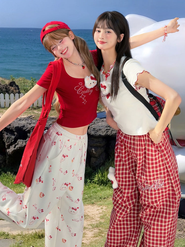 キティのぬいぐるみ付きパンツ（レッドチェック柄）ウエストゴムワイドレッグカジュアル