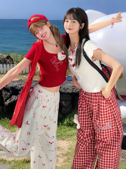 キティのぬいぐるみ付きパンツ（レッドチェック柄）ウエストゴムワイドレッグカジュアル