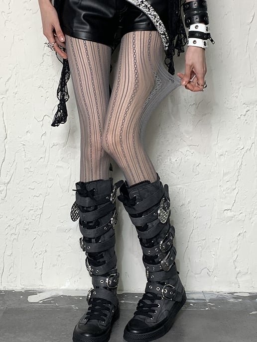 Hollow-out Tights Striped Pattern Gray Design Y2K