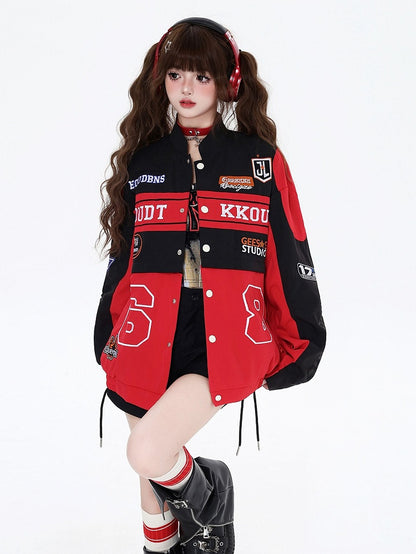 with Jacket Black Embroidery Fleece and Two-Way Baseball Letters Colorblock Detachable Red