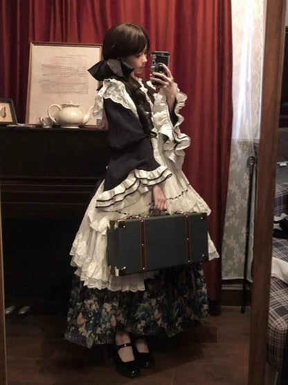 White Bell Bonnet Black Han Floral Apron Horse-face Sleeves Print Top Lolita + Skirt Set