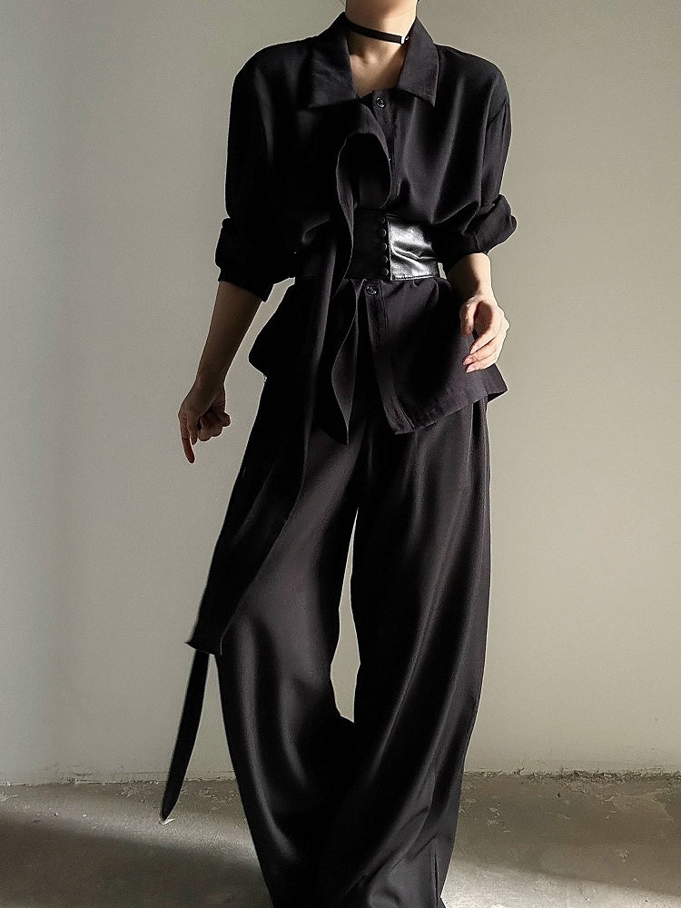 Loose Collar Lolita Draping Long Ouji Shirt Retro Black Pointed with Ribbon