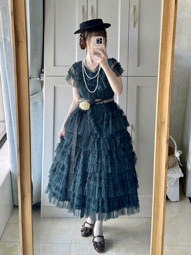 Cotton Tulle Skirt Waist Classic - Vest Green Dotted Elegant Lolita Multi-layered Set Dark Belt + Mesh