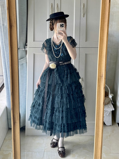 Cotton Tulle Skirt Waist Classic - Vest Green Dotted Elegant Lolita Multi-layered Set Dark Belt + Mesh