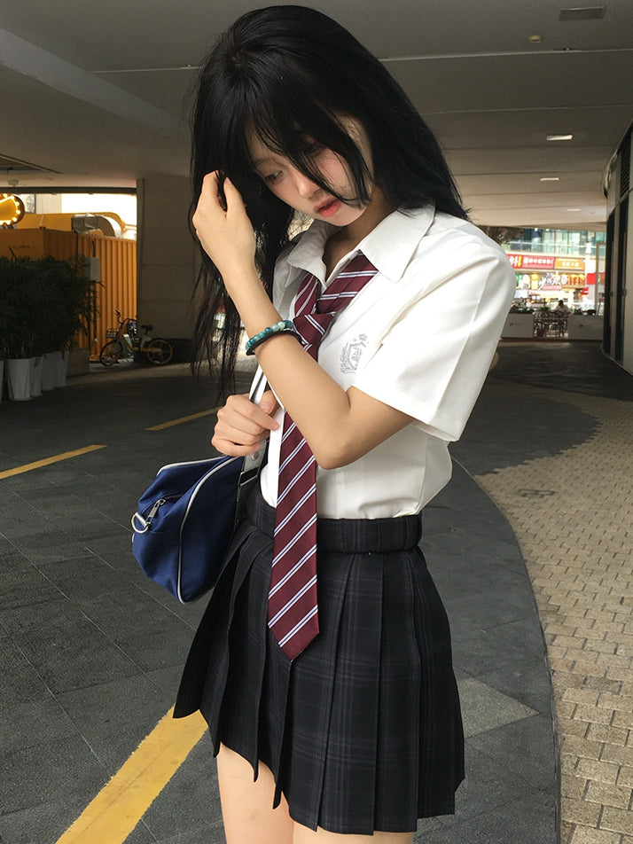 Preppy Embroidered Badge Shirt Short JK Style White Sleeves Uniform