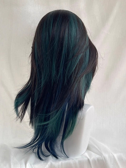Style Bangs 55CM Green Highlight Curtain Blue Ouji with Straight Wig