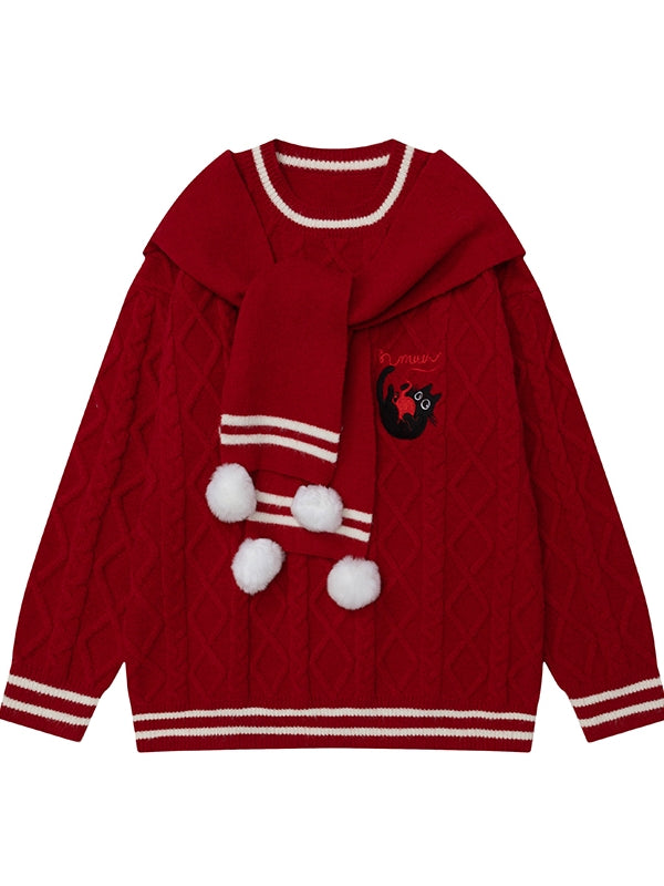 Red Kitty Embroidery Scarf Round Neck Christmas Sweater