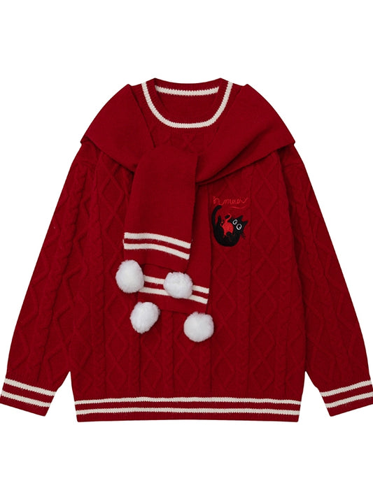 Red Kitty Embroidery Scarf Round Neck Christmas Sweater