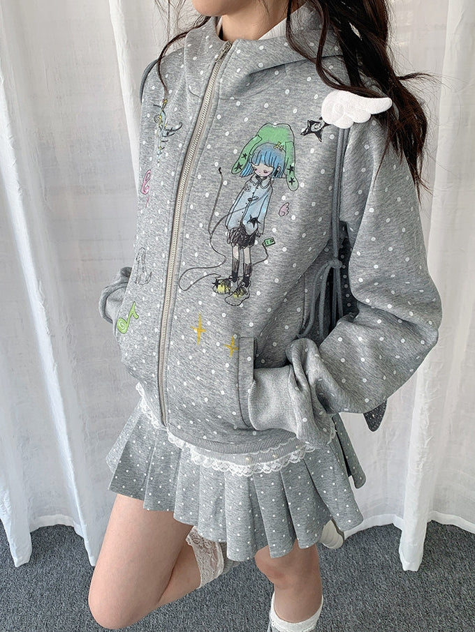 Jacket Polka-dot Pattern Hooded - Gray White
