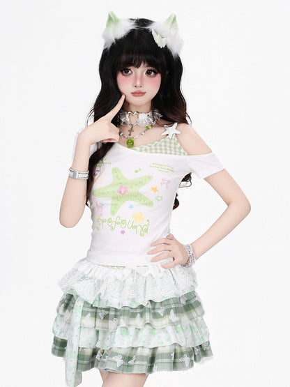 Green Starfish Print Off-Shoulder Tee with Lace Hem - CRAZY GIRL