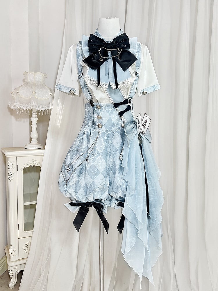 Schleife Alice Muster Wunderland Lolita in + Blau Weiß Outfit Overall - Shorts Vibes Ouji Diamond Shirt
