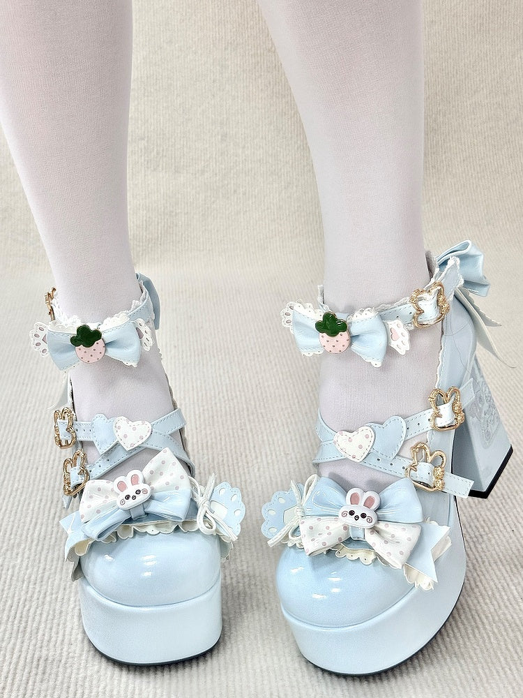 High-heel Bunny Decor Jane Bows with Mary Bunny/Strawberry Fastener Shoes Blue Light Sweet Lolita