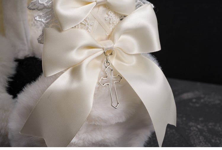 ホワイトハンドメイドのリボンクロスレーストリムプラッシュイヤーマフ