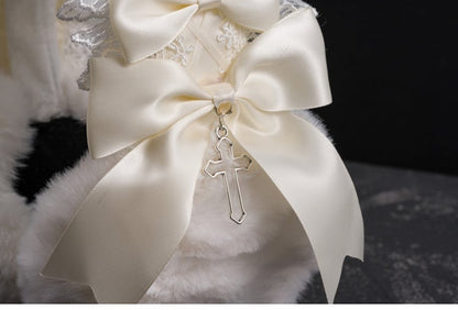 ホワイトハンドメイドのリボンクロスレーストリムプラッシュイヤーマフ