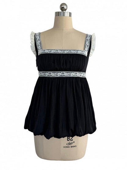 Gothic Black Square-Neck Bubble Hem Cami Top with Lace Accents - Damn Girl