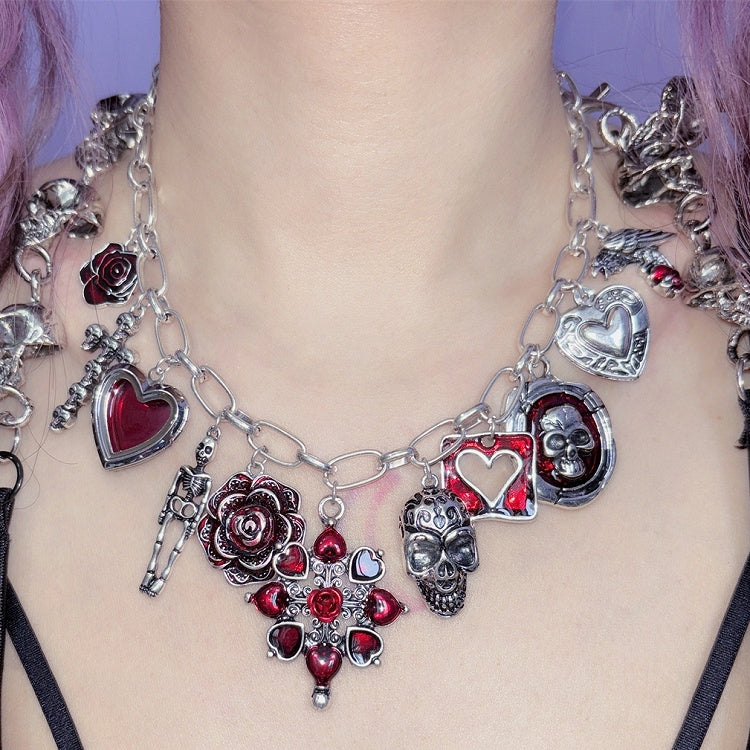 Optionen Blumen und 3 Skelett Y2K Halskette Herz Anhänger