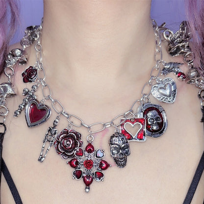 Optionen Blumen und 3 Skelett Y2K Halskette Herz Anhänger