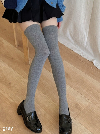 4-Color Ribbed Overknee Stockings with Cat Pattern Stay Ups - Xi Shang Mei Shao
