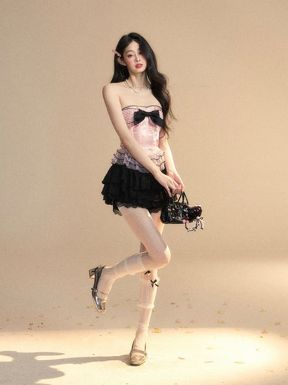 ストラップレストップパターン ピンク レイヤード レース メッシュ ビッグリボン フリル 水玉模様