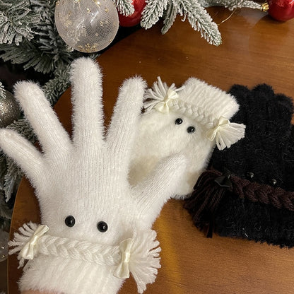 Schwarz/Weiße Lolita-Handschuhe mit Zöpfen und Schleife